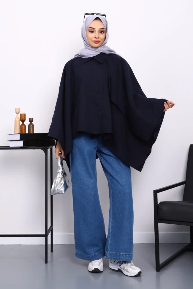 Lacivert Düğmeli Astarlı Panço Trençkot