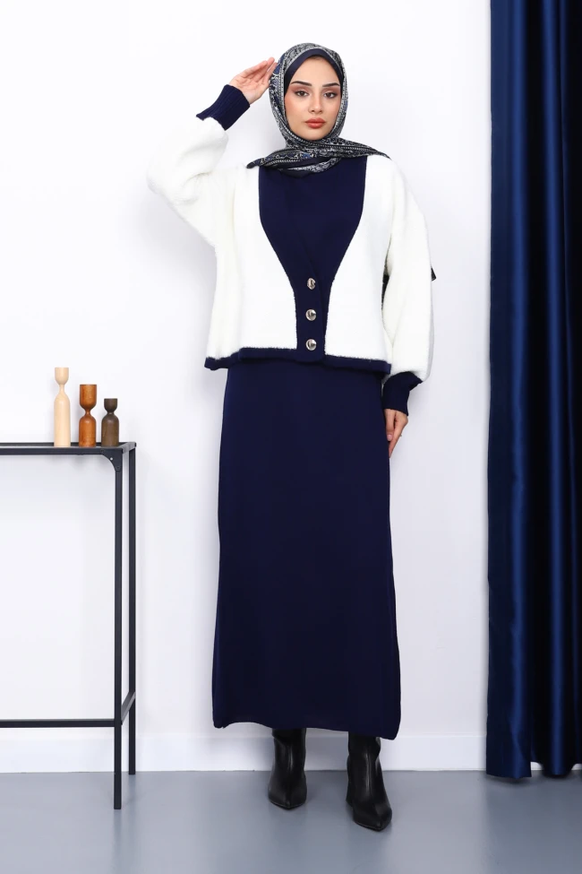 Lacivert Düğmeli Triko Elbiseli Takım