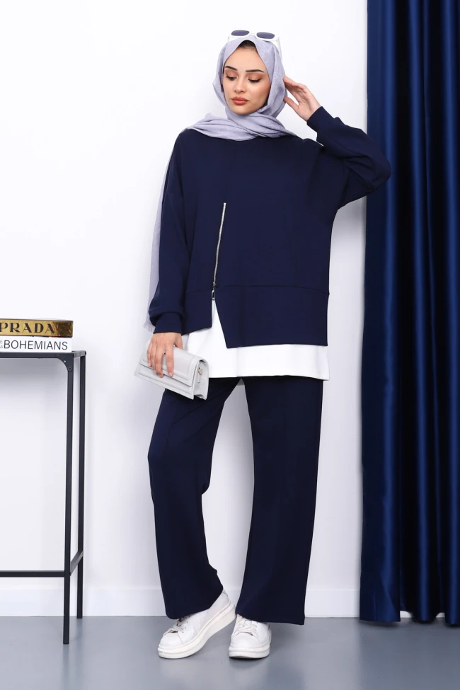 Lacivert Fermuar Detaylı Modal Tunik Pantolonlu Takım