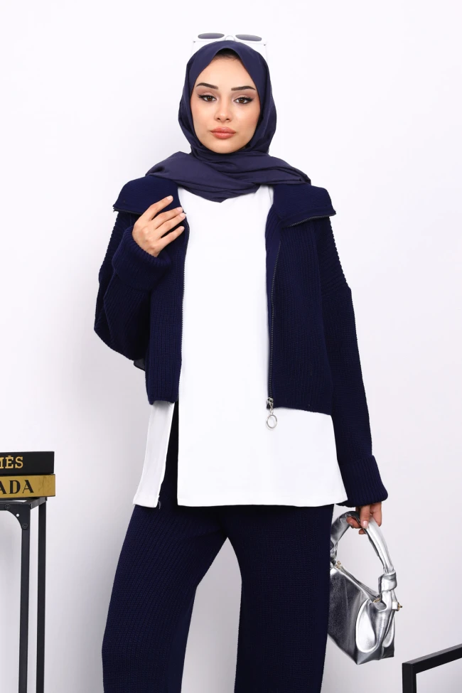 Lacivert Fermuarlı Üçlü Triko Takım