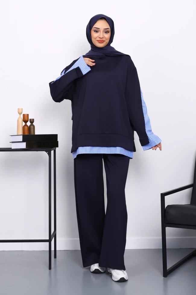 Lacivert Gömlek Garnili Scuba Sweat Pantolonlu