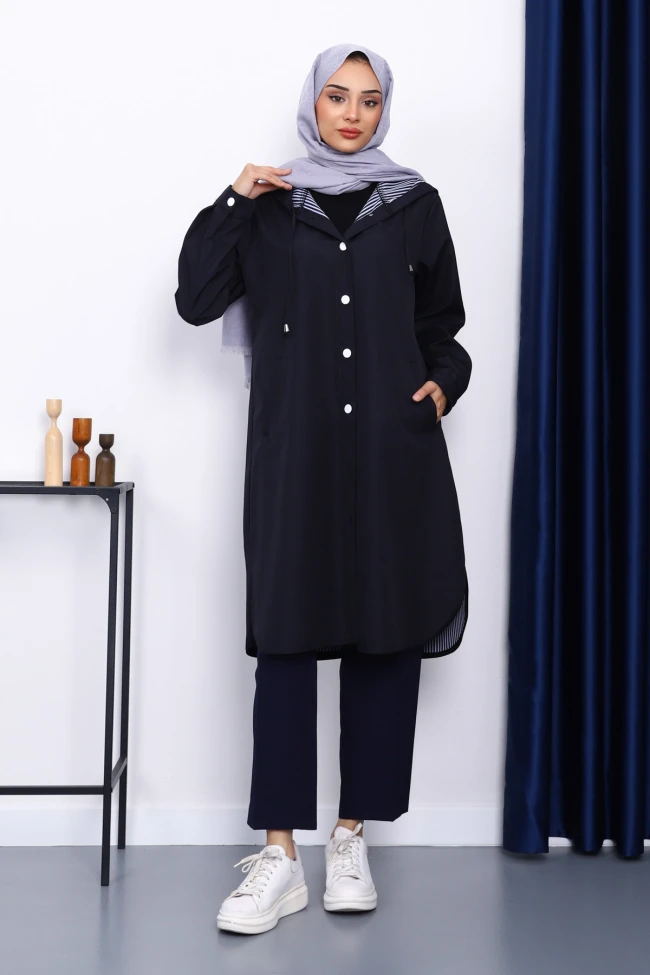 Lacivert Kapşonlu Düğme Detaylı Trençkot