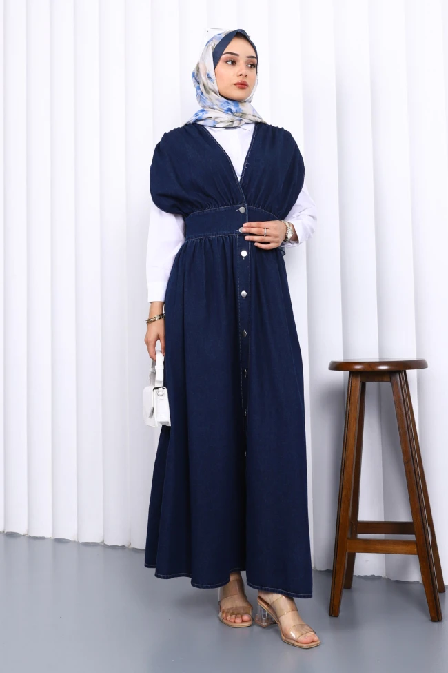 Lacivert Kruvaze Yaka Düğmeli Kot Elbise