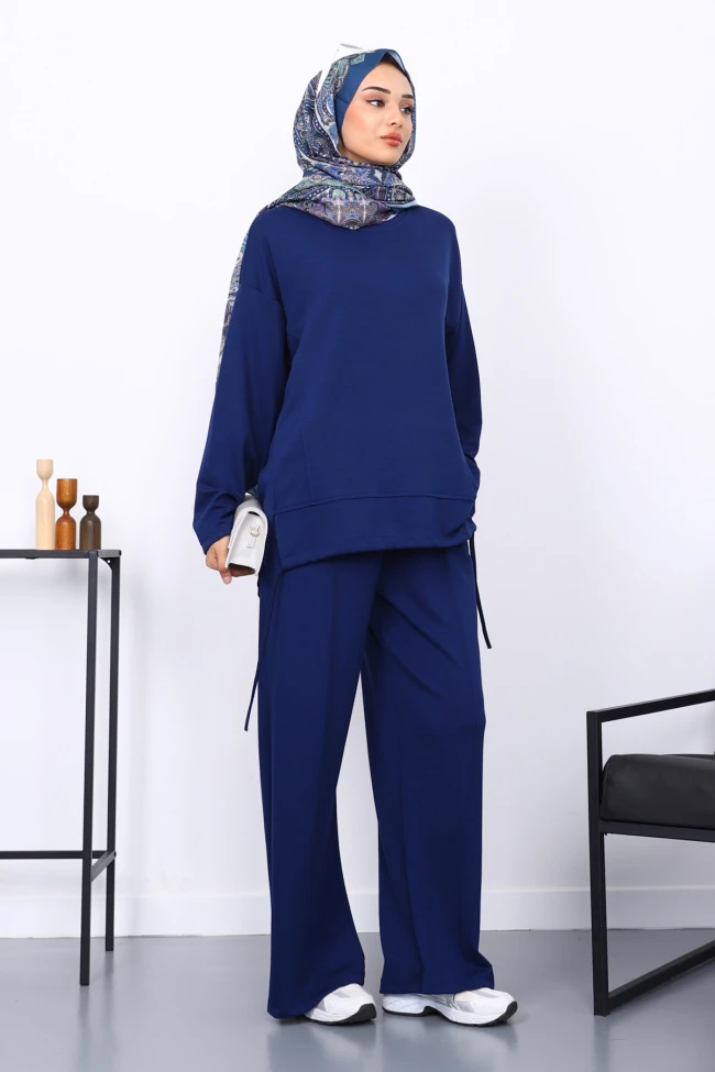 Lacivert Ön Detaylı Modal Tunik Pantolonlu Takım