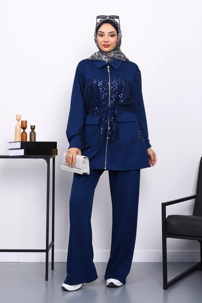Lacivert Pul Payet Fermuarlı Tunik Pantolonlu Takım