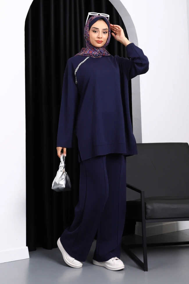 Lacivert Taş Detaylı Tunik Pantolonlu Modal Takım