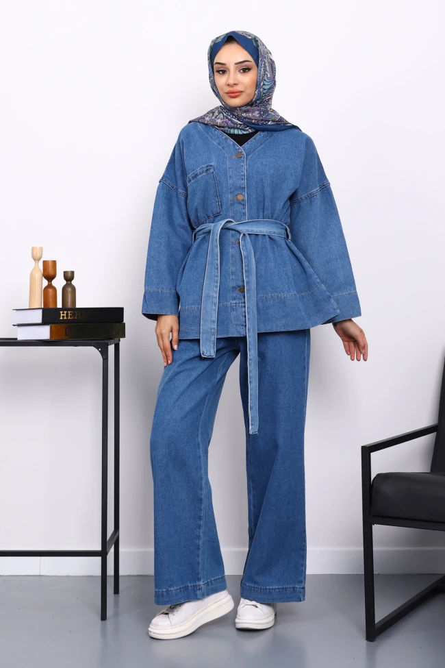 Mavi Kemerli Ceket Pantolonlu Kot Takm