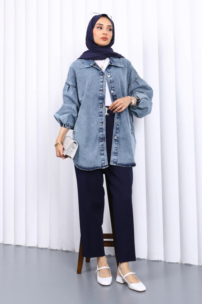 Mavi Kol Lastikli Cepli Kot Ceket