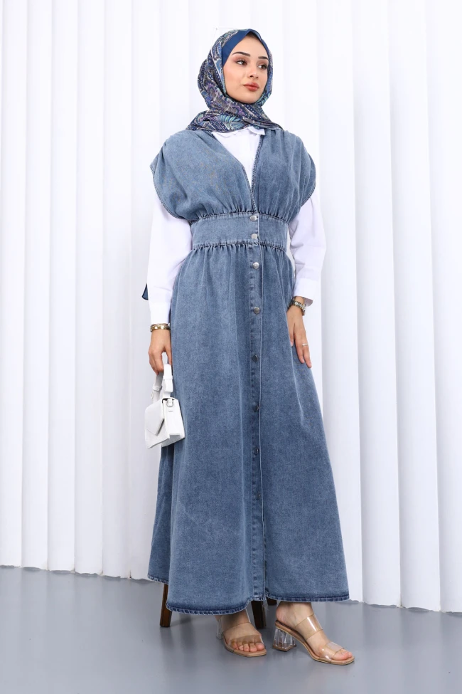 Mavi Kruvaze Yaka Düğmeli Kot Elbise