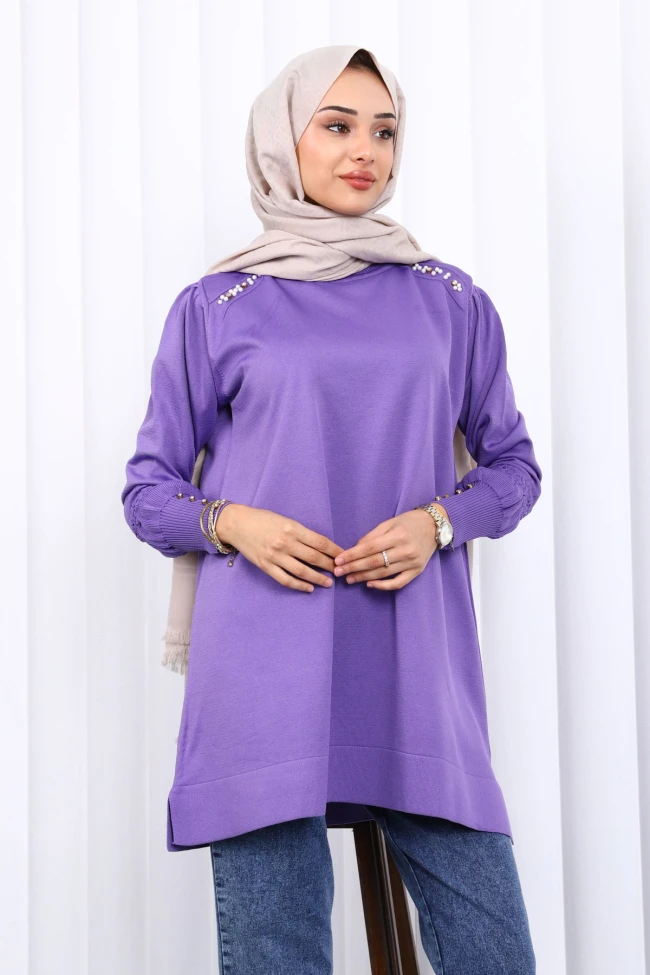 Mor Omuz Taşlı Soguk İplik Triko Tunik