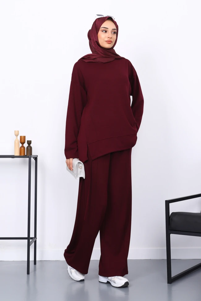 Mürdüm Ön Detaylı Modal Tunik Pantolonlu Takım