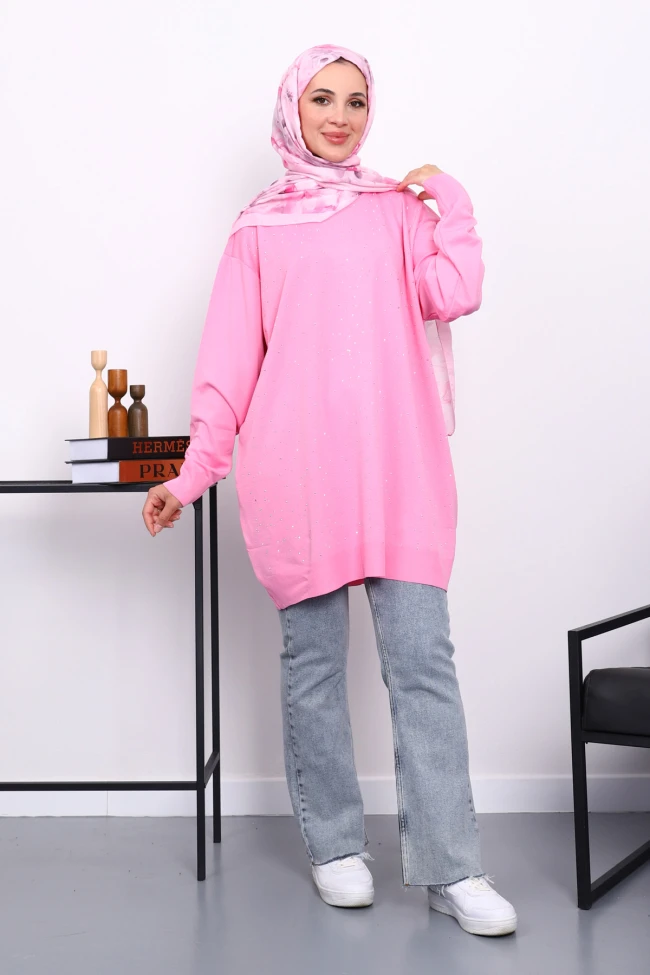 Pembe Bisiklet Yaka Taş İşlemeli Tunik