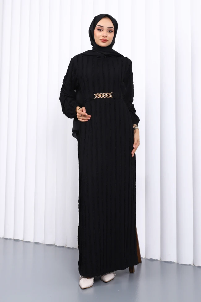 Siyah Beli Kemerli Fırfır Detaylı Gofre Elbise