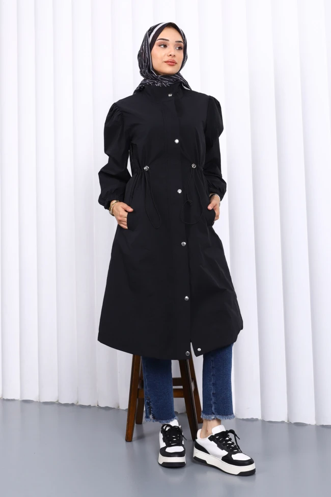 Siyah Çıtçıtlı Bel Lastikli Trençkot