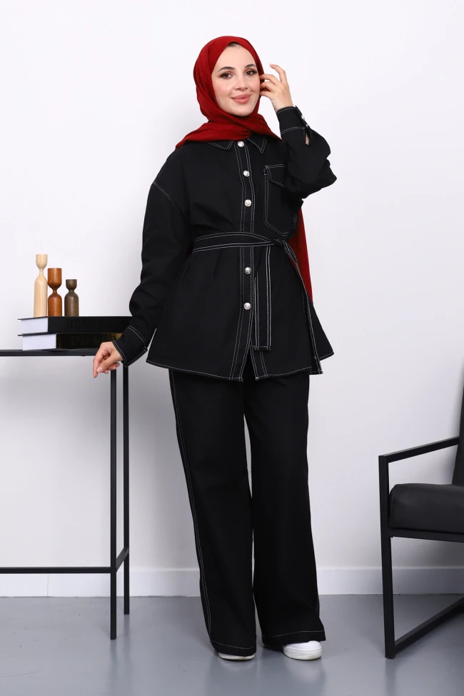 Siyah Düğmeli Gabardin Ceket Pantolonlu Takım