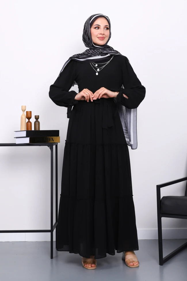 Siyah Eteği Katlı Kol Bağlamalı Şifon Elbise