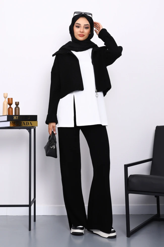 Siyah Fermuarlı Üçlü Triko Takım