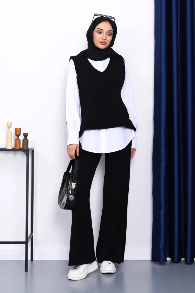 Siyah Gömlekli Üçlü Triko Takım