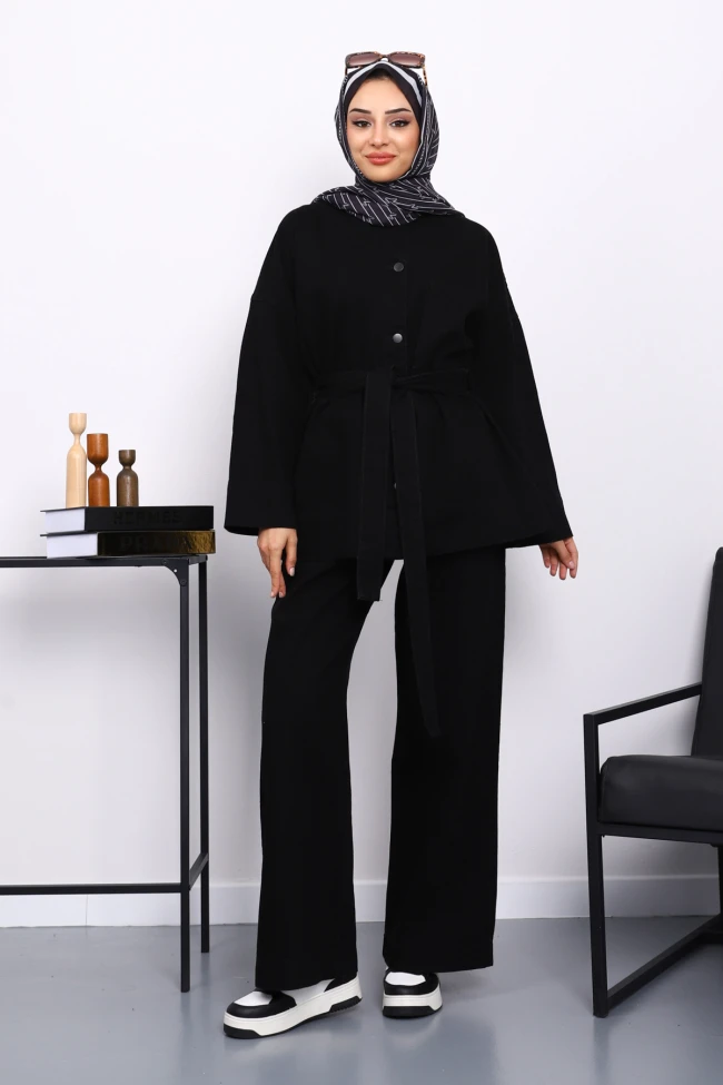 Siyah Kemerli Ceket Pantolonlu Kot Takm