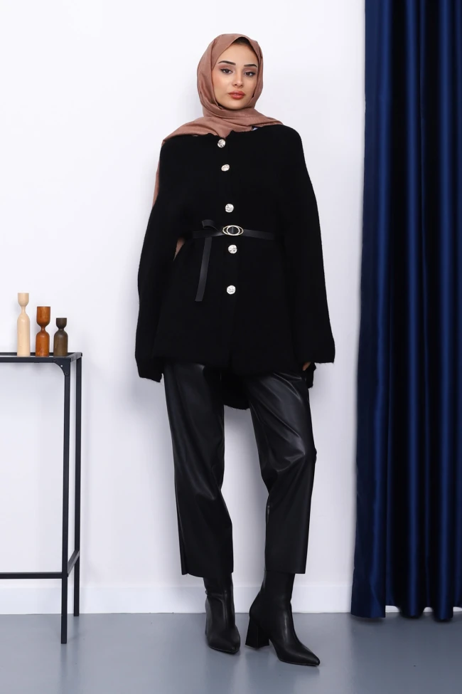 Siyah Kemerli Şordonlu Triko Panço