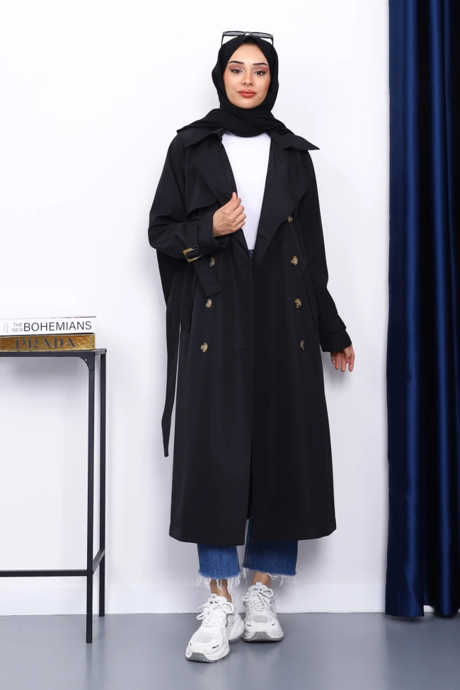 Siyah Kravuze Yaka Kuşaklı Trençkot