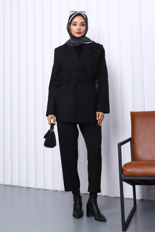Siyah Kruvaze Yaka Düğmeli Blazer Ceket
