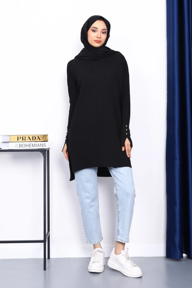 Siyah Önü Kısa Arkası Uzun Triko Tunik
