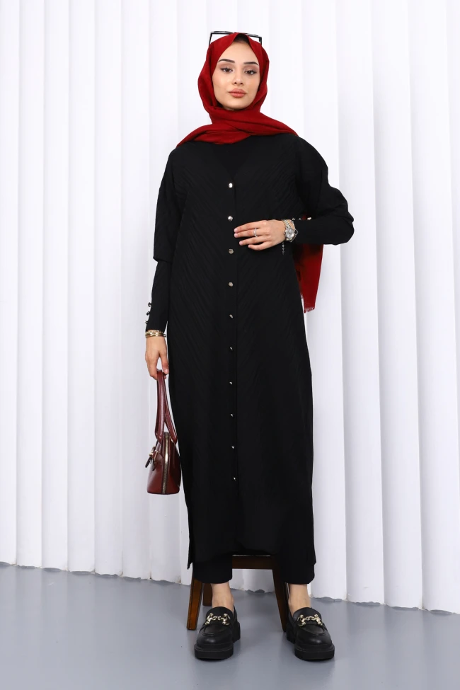 Siyah Soğuk İplik Düğmeli Triko Hırka