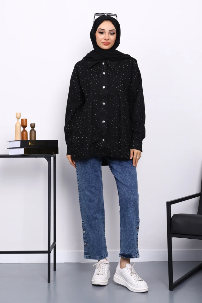 Siyah Taşlı Gabardin Gömlek