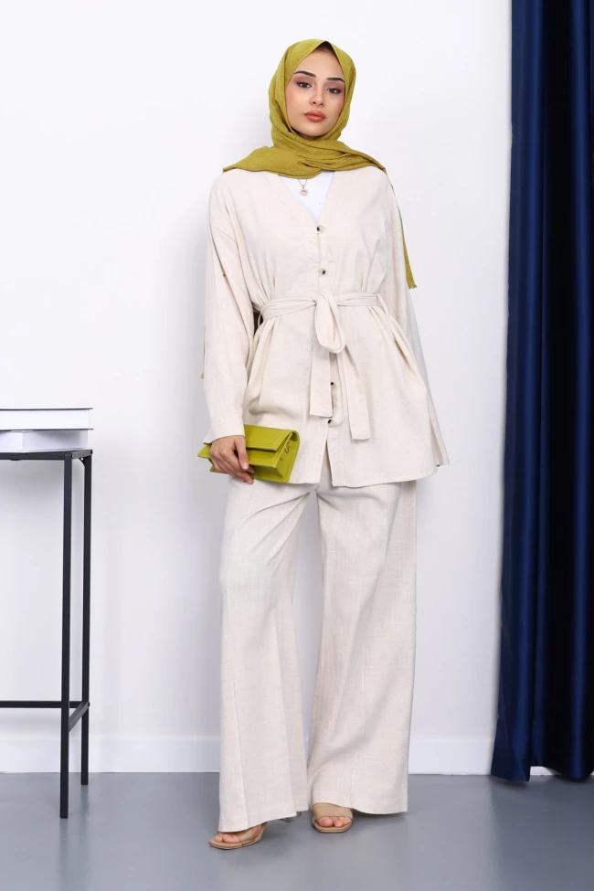 Taş Bel Kuşaklı Keten Kimono Pantolonlu Takım