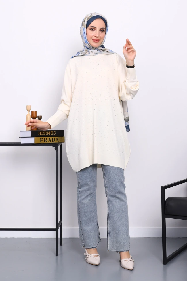 Taş Bisiklet Yaka Taş İşlemeli Tunik