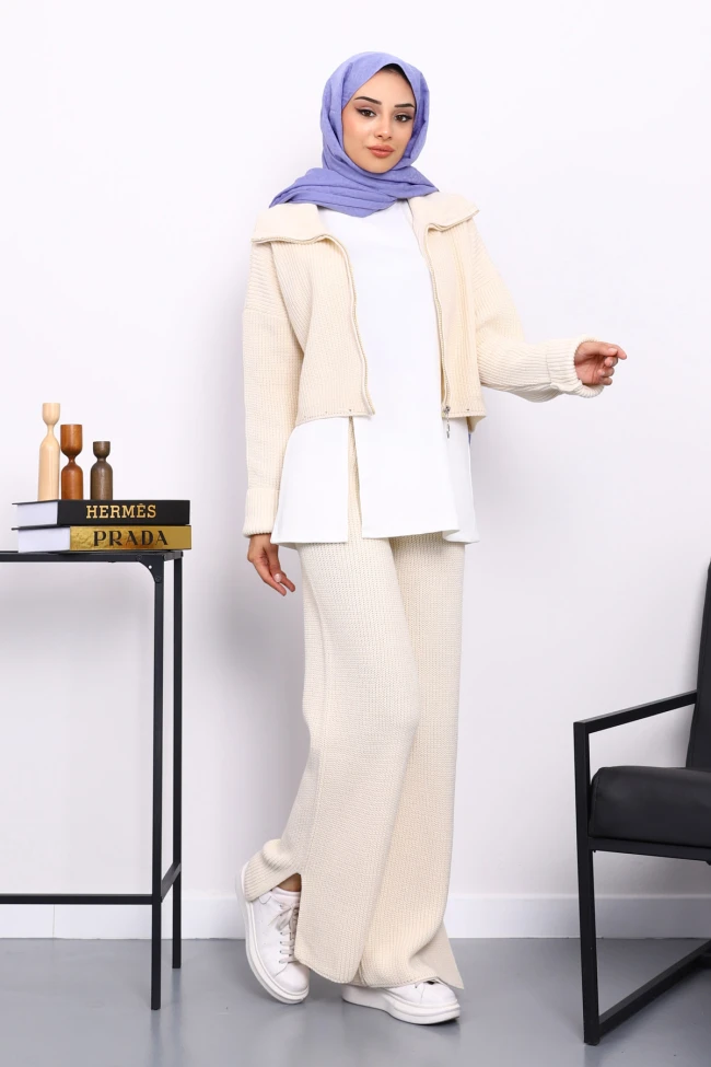 Taş Fermuarlı Üçlü Triko Takım