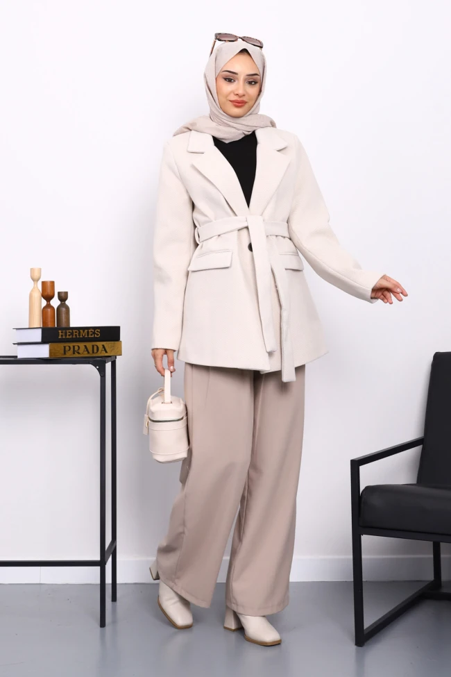 Taş Kuşaklı Astarlı Kısa Kaşe Kaban