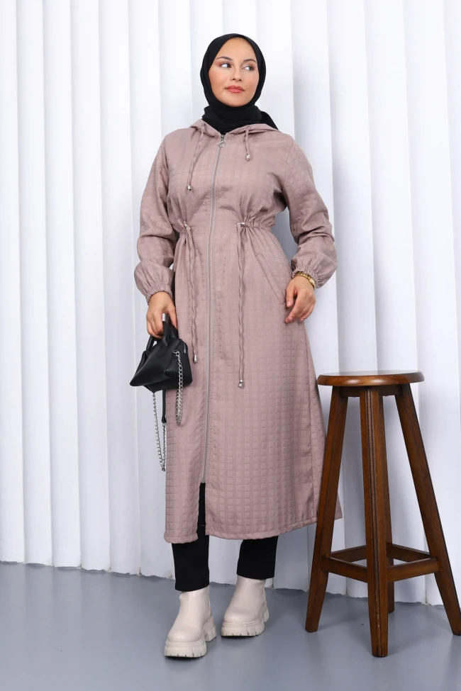 Vizon Kapşonlu Kapitone Cepli Uzun Kaban