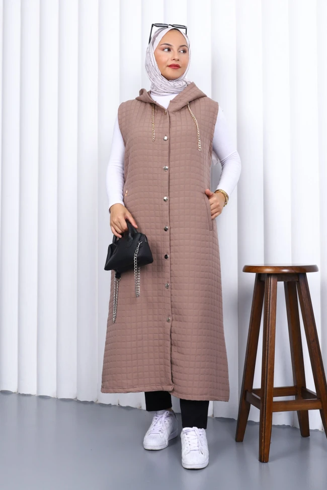 Vizon Kapüşonlu Kapitone Uzun Yelek