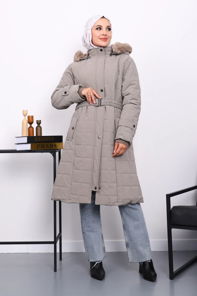 Vizon Kapüşonu Kürklü Uzun Şişme Mont