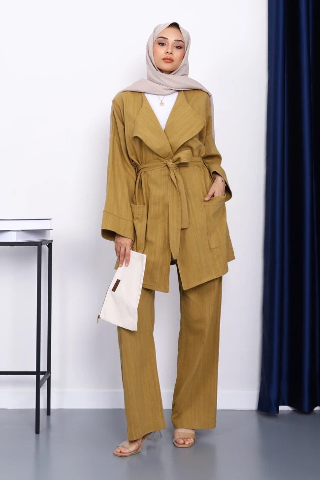 Yağ Yeşili Bel Kuşaklı Keten Kimono Pantolonlu Takım