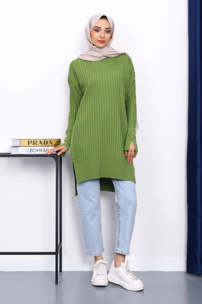 Yağ Yeşili Önü Kısa Arkası Uzun Triko Tunik