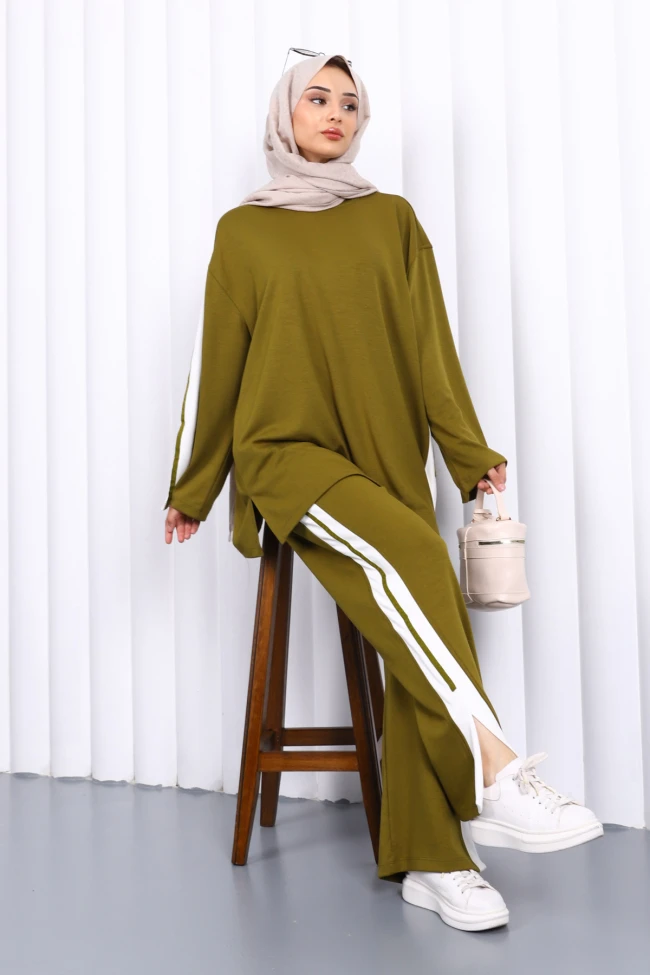 Yağ Yeşili Renk Bloklu Tunik Pantolonlu Takım