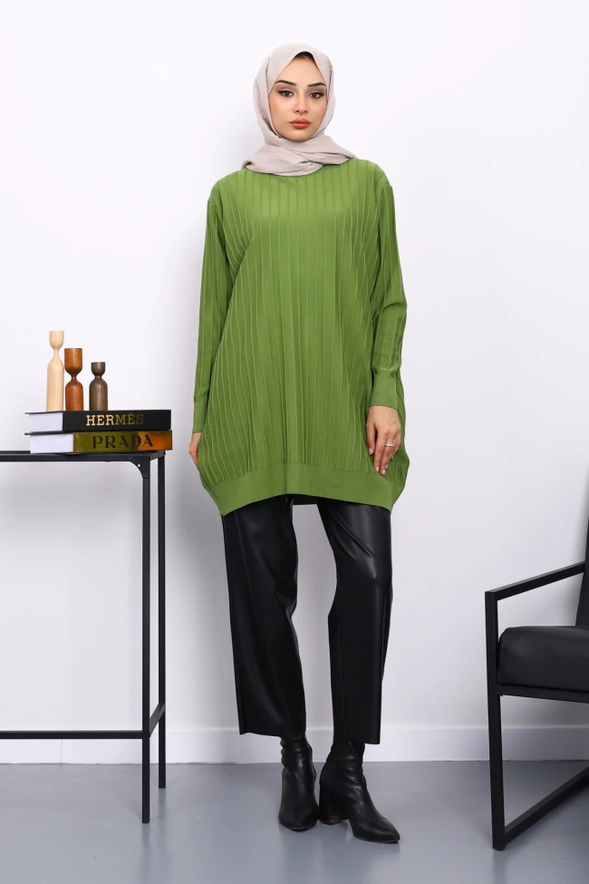 Yeşil Merserize Fitilli Salaş Tunik