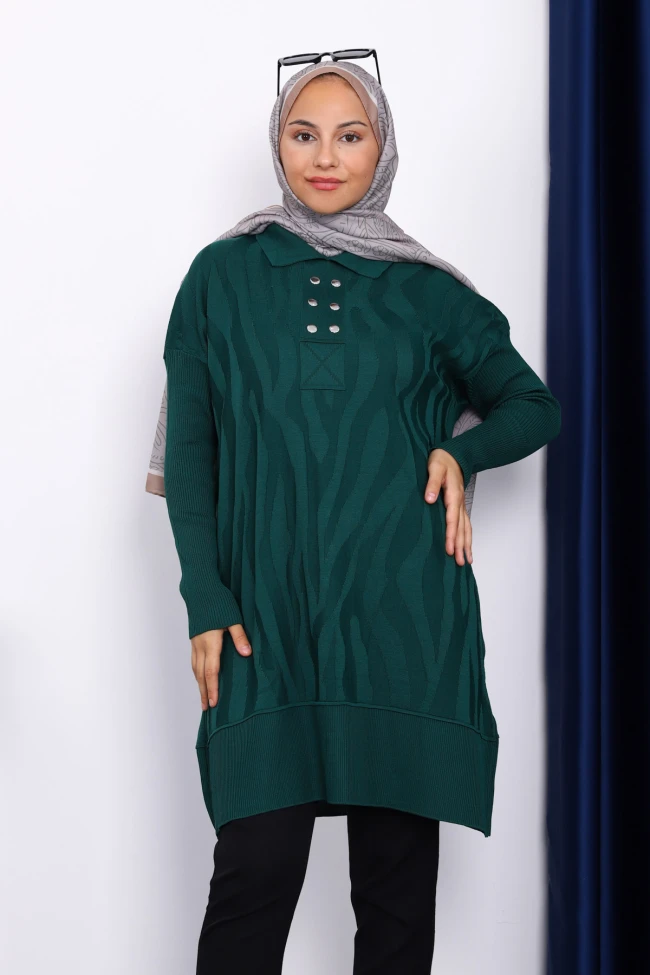 Zümrüt Yeşili Gömlek Yaka Soğık İplik Triko Tunik