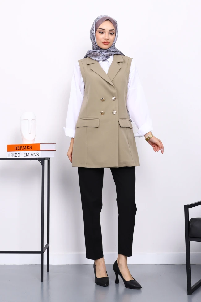 Açık Haki Düğmeli Cepli Yelek