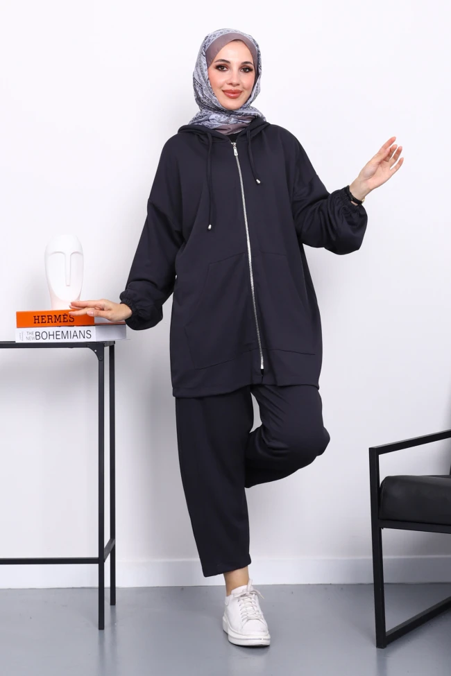 Antrasit Kapşonlu Fermuarlı Tunik Pantolonlu Takım