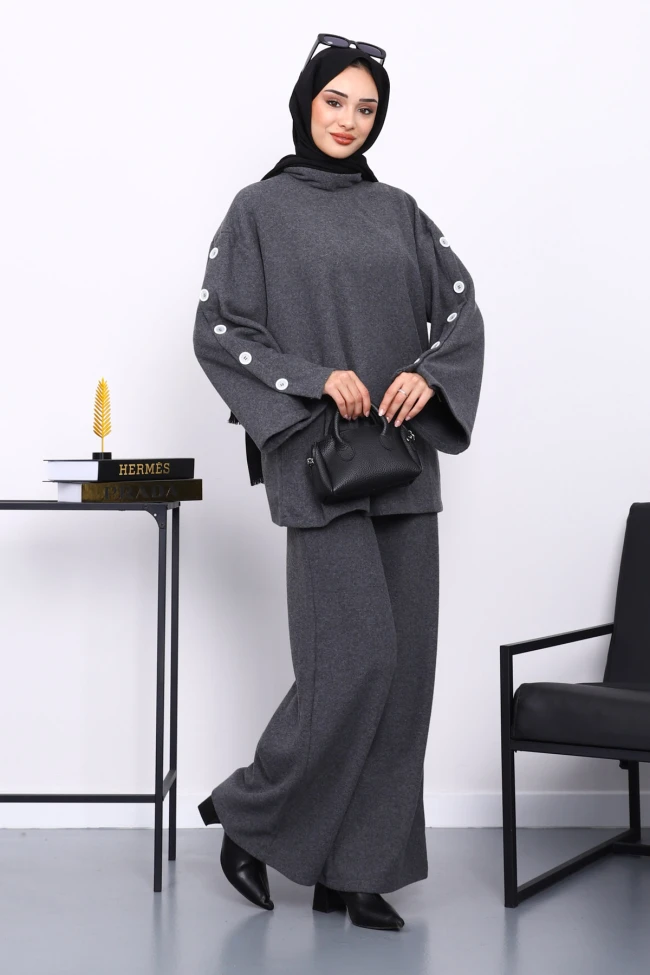 Antrasit Kol Düğme Detaylı Tunik Pantolonlu Takım