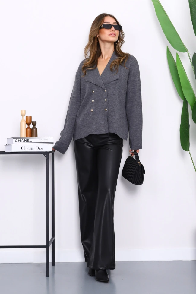 Antrasit Kruvaze Yaka Düğmeli Triko Hırka