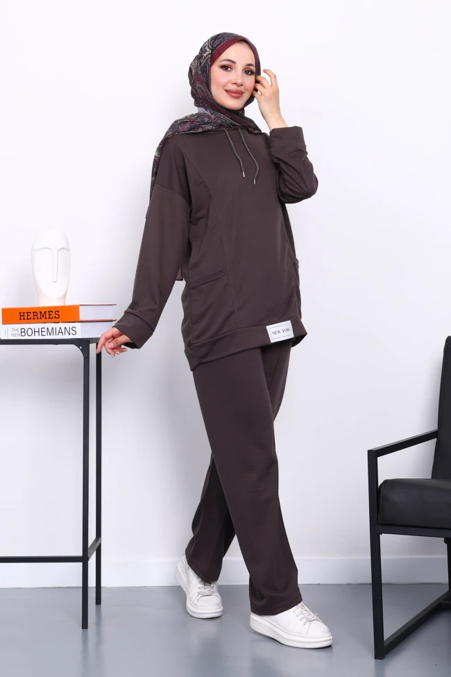 Antrasit Önü Etiketli İki İplik Tesettür Takım