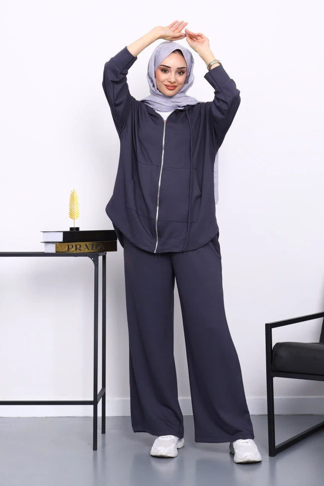 Antrasit Önü Kısa Arkası Uzun Tunik Pantolonlu Takım