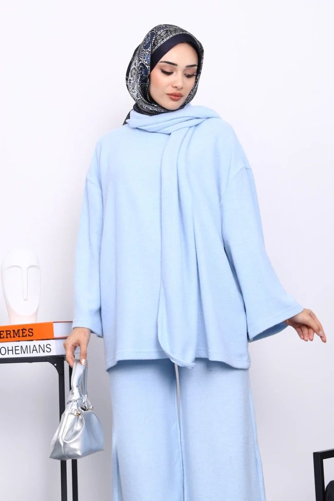 Bebe Mavi Atkılı Tunik Pantolonlu Fitilli Takım