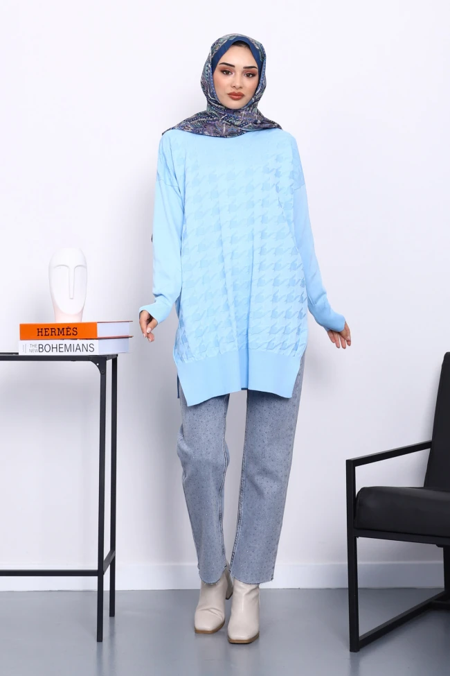 Bebe Mavi Kazayağı Desenli Soğuk İplik Triko Tunik