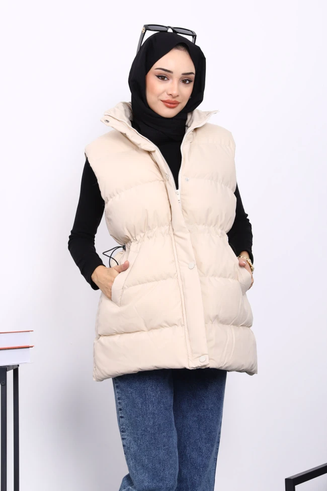 Bej Bel Lastikli Cepli Şişme Yelek